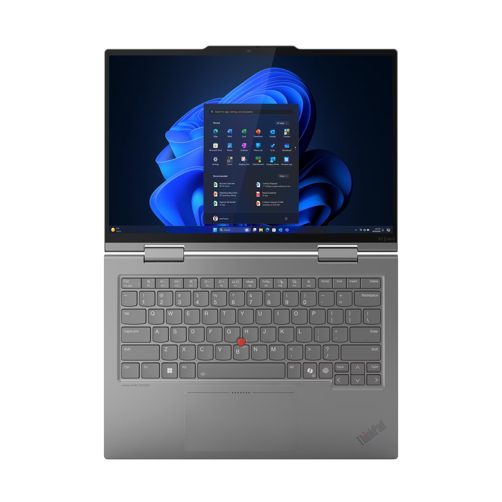 Una laptop Lenovo ThinkPad está abierta, mostrando una interfaz de Windows. La pantalla muestra iconos de aplicaciones y un menú de inicio.