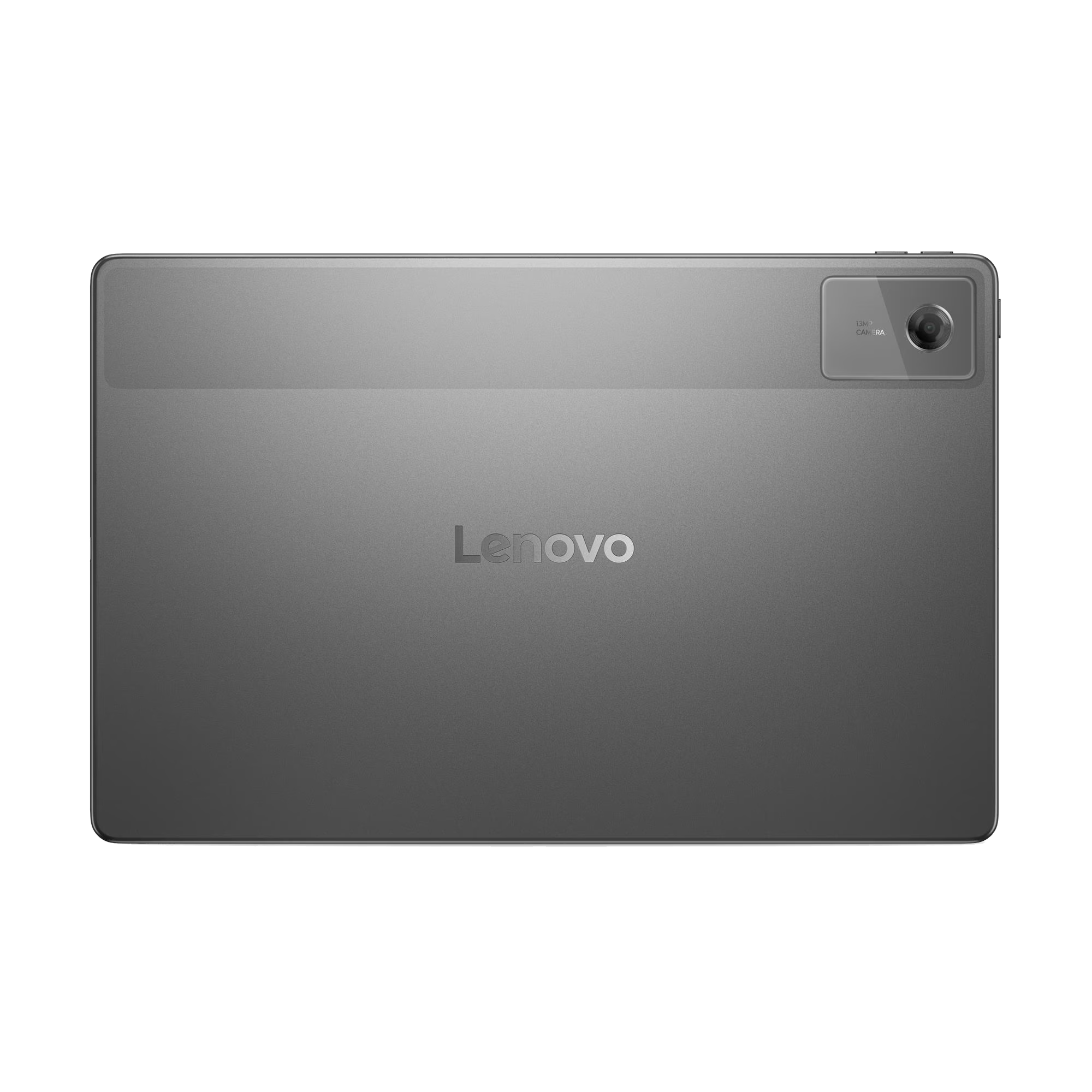 La parte trasera de una tableta Lenovo gris. Tiene una cámara y el logotipo de Lenovo.