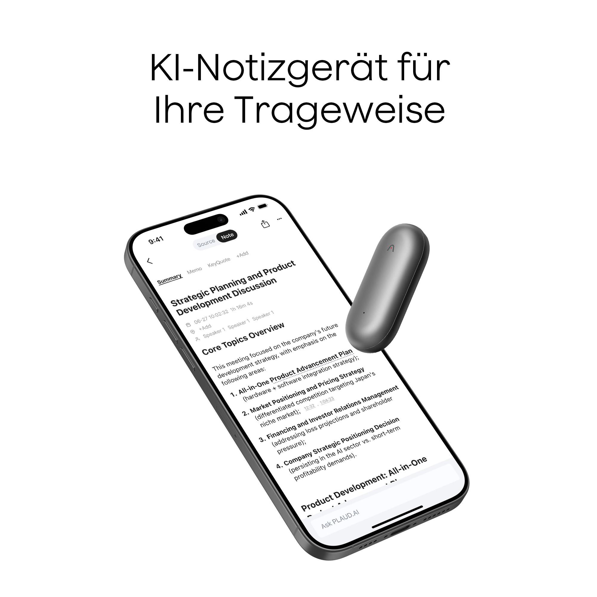 Ein Smartphone zeigt Notizen eines Meetings, im Hintergrund ein stiftähnliches Gerät. Der Text ist auf Deutsch.