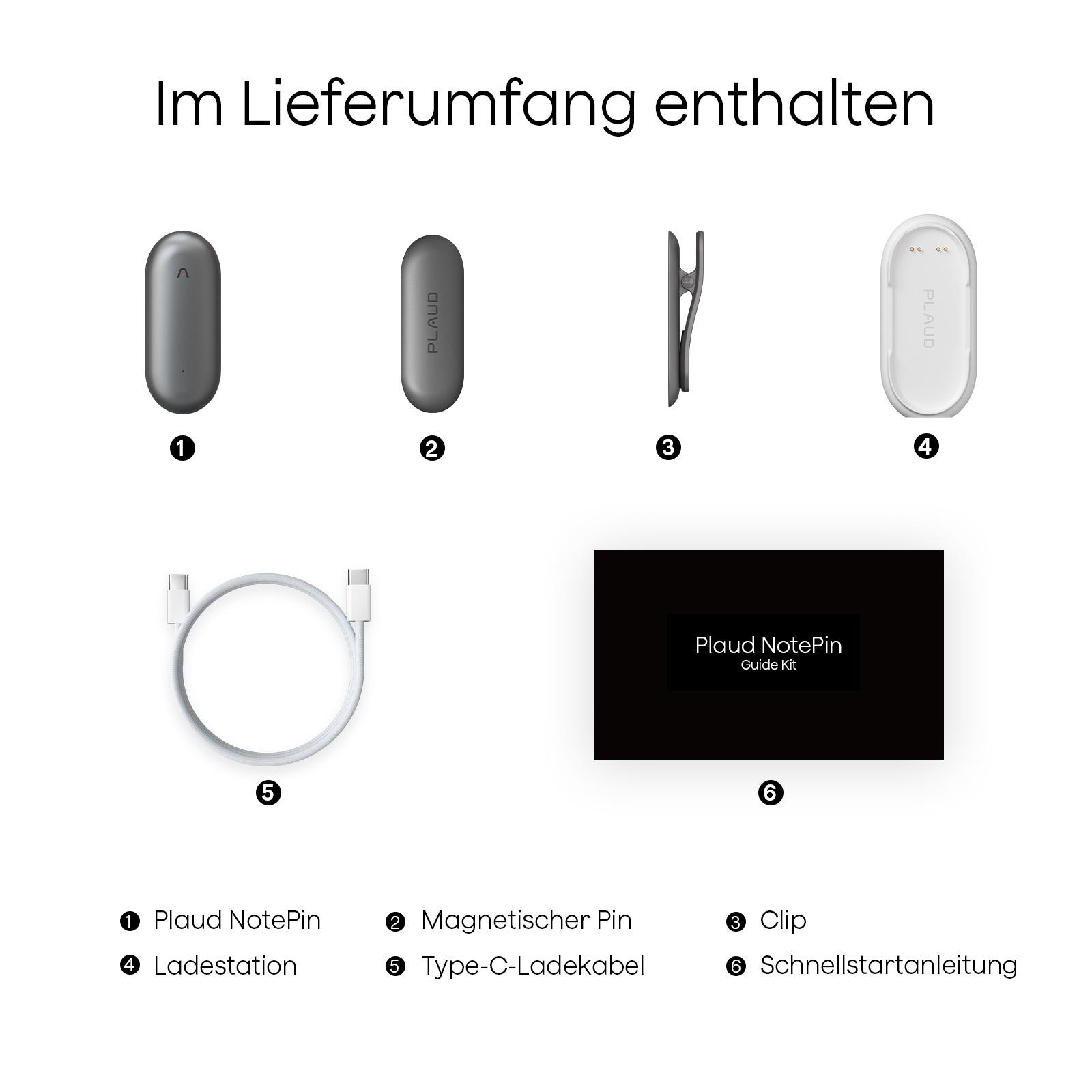 Das Bild zeigt ein Produkt-Kit mit verschiedenen Komponenten: einem NotePin, einem Magnetstift, einem Clip, einer Ladestation, einem Kabel und einer Anleitung.