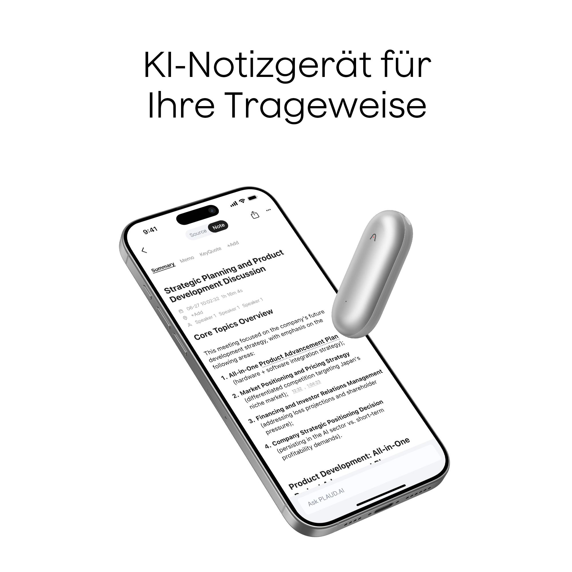 Ein iPhone zeigt Notizen, darüber ein silberner Rekorder. Text: 'Strategic Planning'.