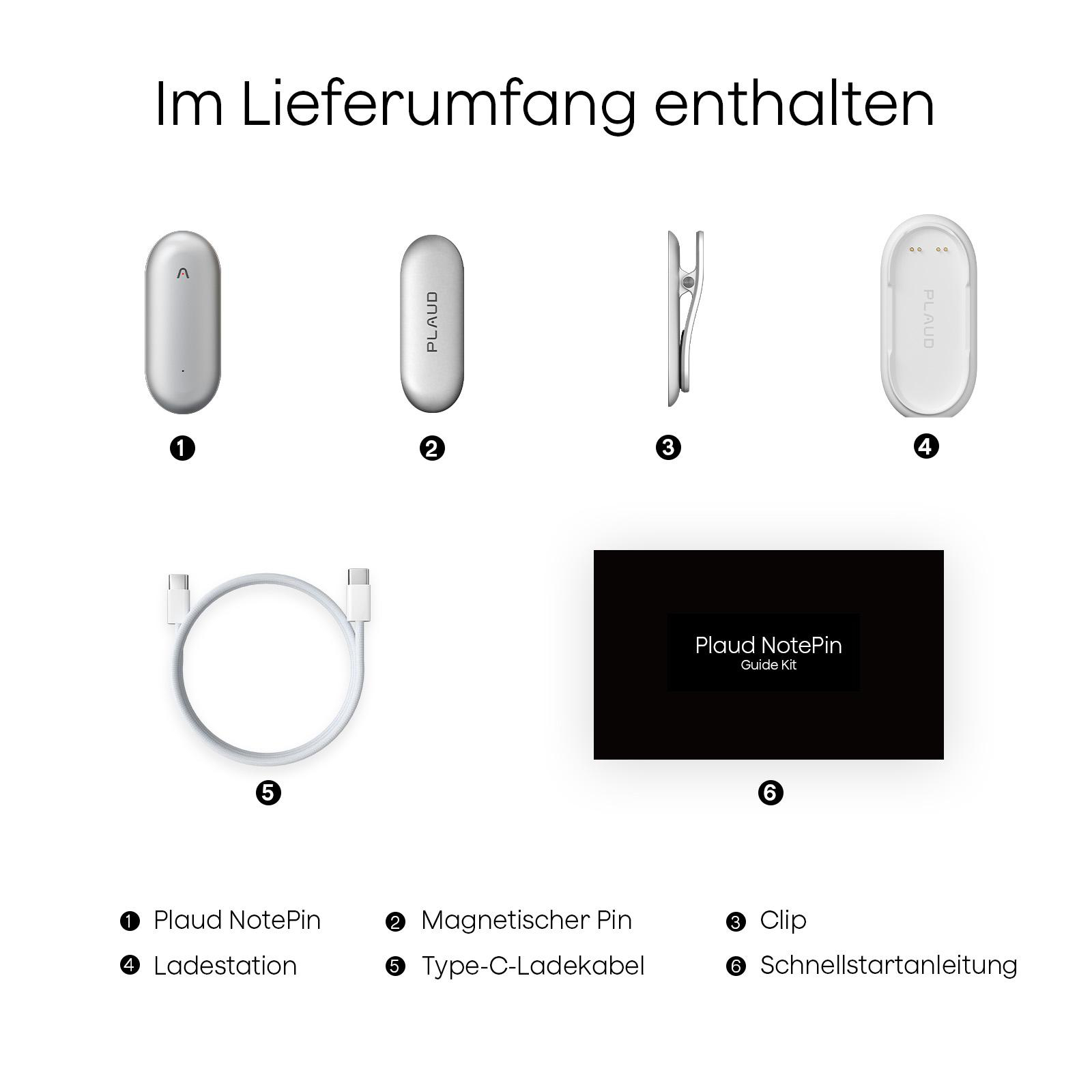 Das Bild zeigt ein Plaud NotePin-Kit: NotePin, Magnetpin, Clip, Ladestation, Kabel und Anleitung.