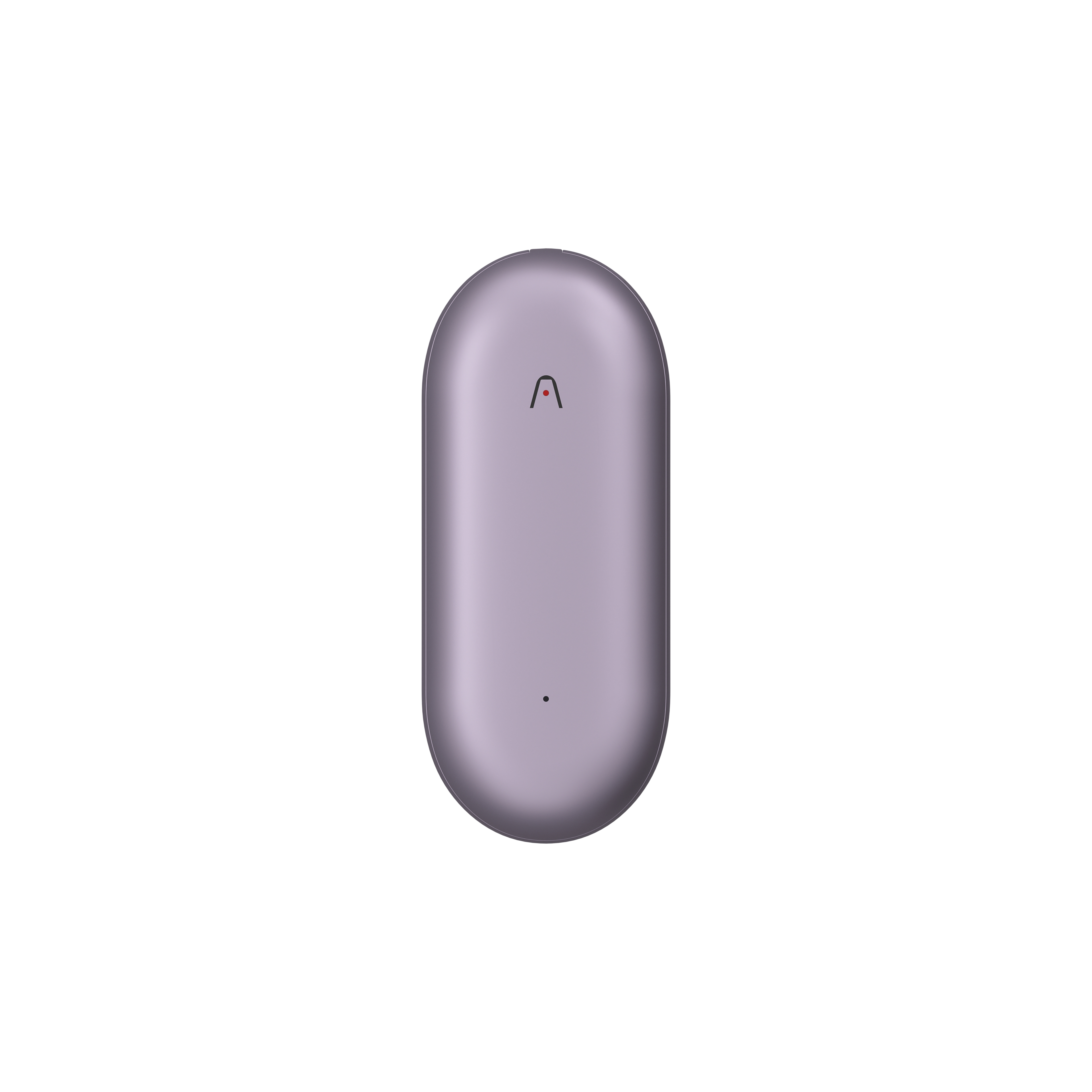 Nahaufnahme eines lilafarbenen Geräts mit einem schwarzen 'A'-Symbol und einem kleinen Punkt auf weißem Hintergrund.