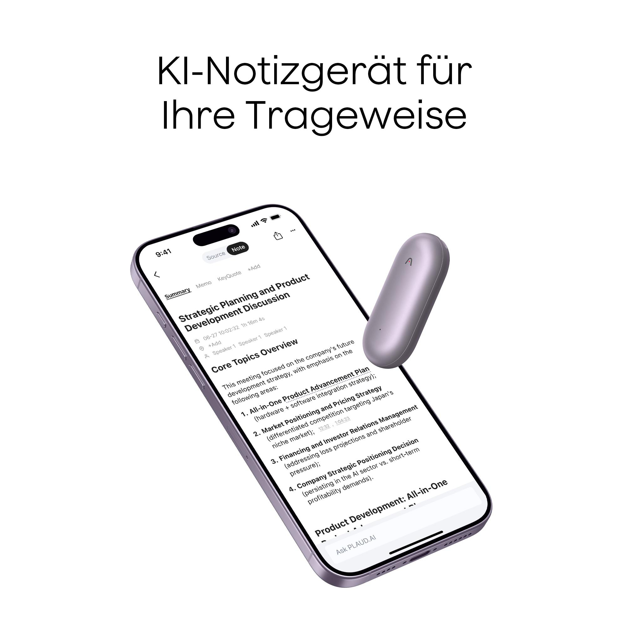 Ein Telefon zeigt Notizen. Ein silbernes Aufnahmegerät liegt daneben. Auch deutscher Text ist vorhanden.