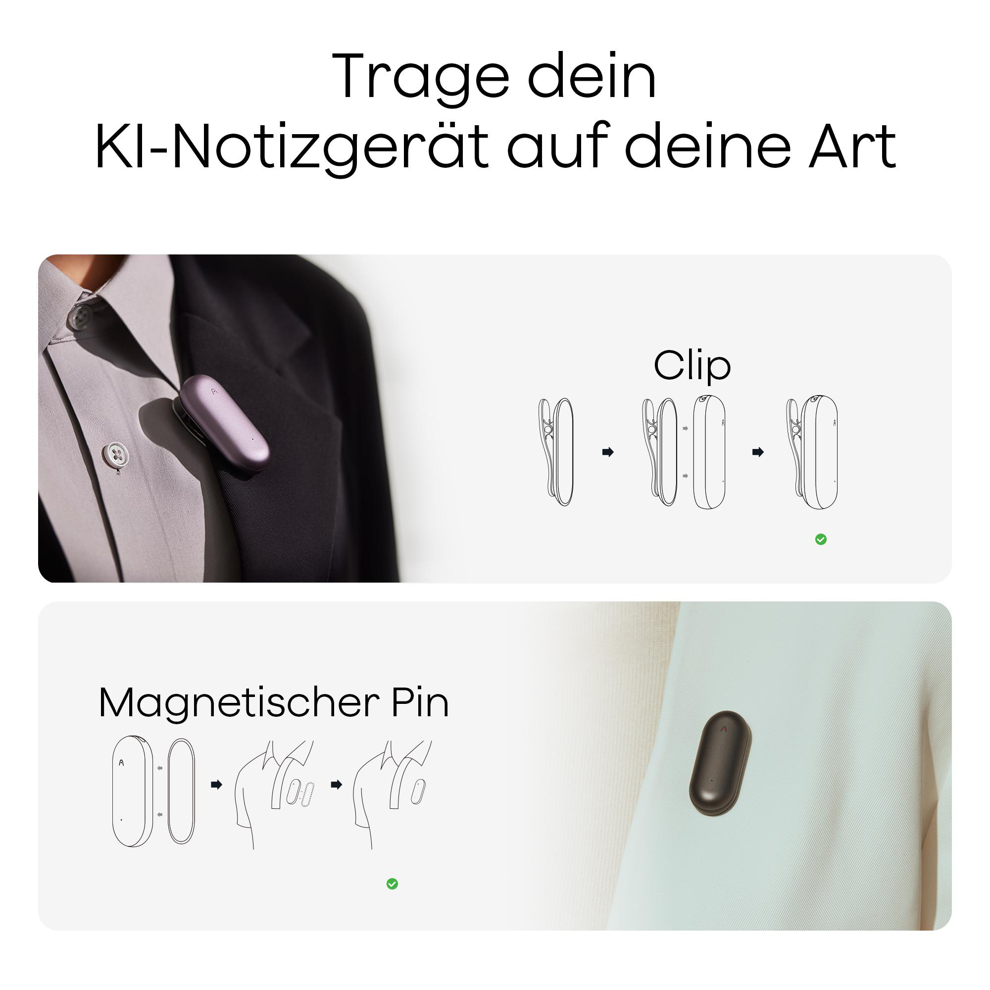 Das Bild zeigt, wie man ein kleines Gerät trägt, mit Clip- und Stiftoptionen. Der Text lautet: Tragen Sie Ihr KI-Notizgerät auf Ihre Weise.