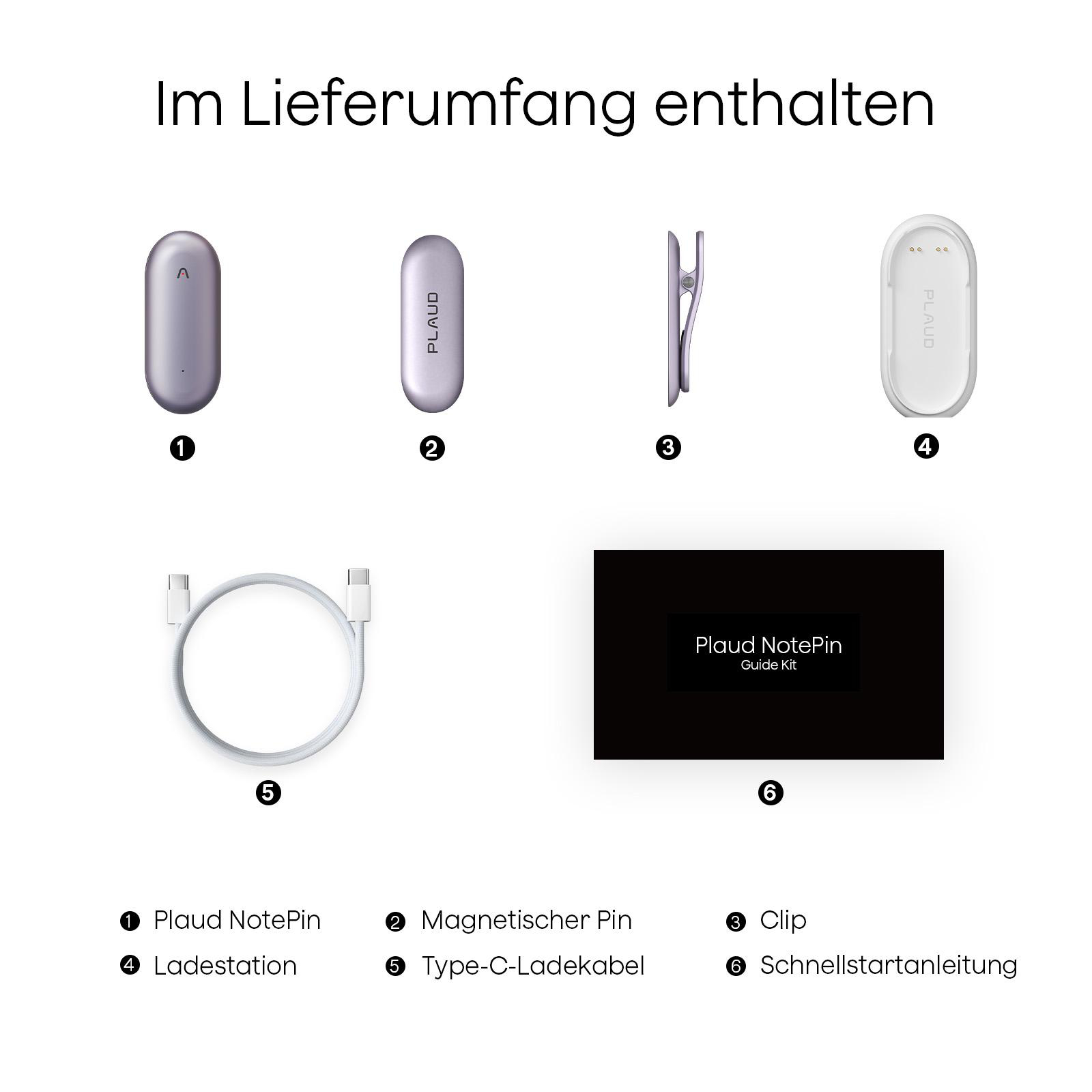 Das Bild zeigt Plaud NotePin, Magnetstift, Clip, Ladestation, Kabel und Guide-Kit, alles vor weißem Hintergrund.