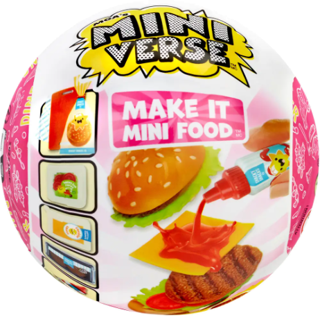 Ein weißer Ball mit 'Mini Verse' und 'Make it Mini Food'. Er zeigt einen Burger, der mit Soße zubereitet wird.