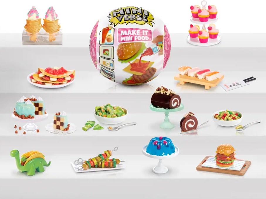 Miniatur-Lebensmittel: Eiscreme, Pfannkuchen, Cupcakes, Sushi, Kuchen, Guacamole, Baumstammkuchen, Salat, Taco-Dino, Spieße, Gelee, Burger.
