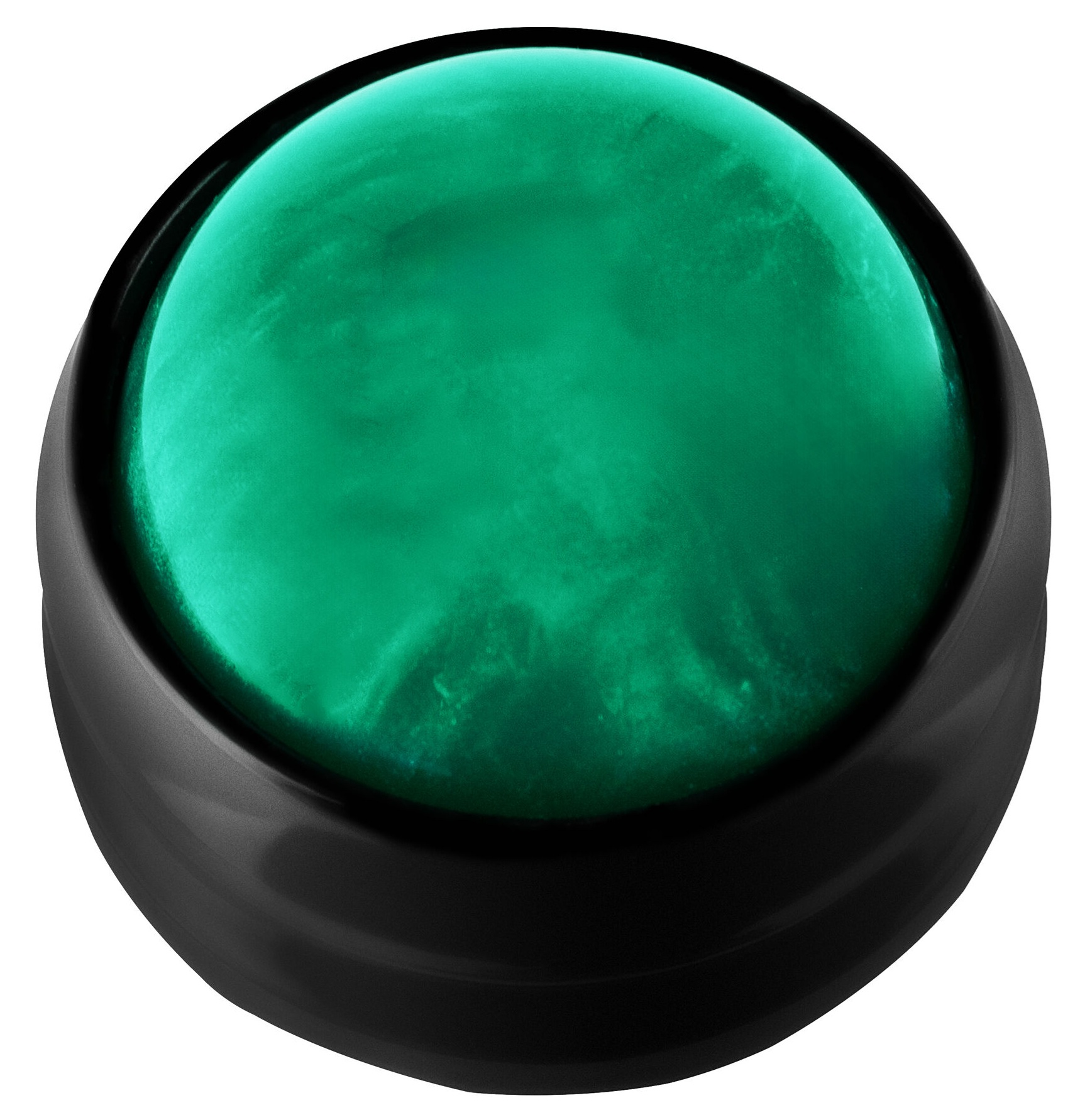 Okrągły, czarny obiekt z błyszczącym, zielonym środkiem. Zielony środek ma teksturowany, marmurkowy wygląd.