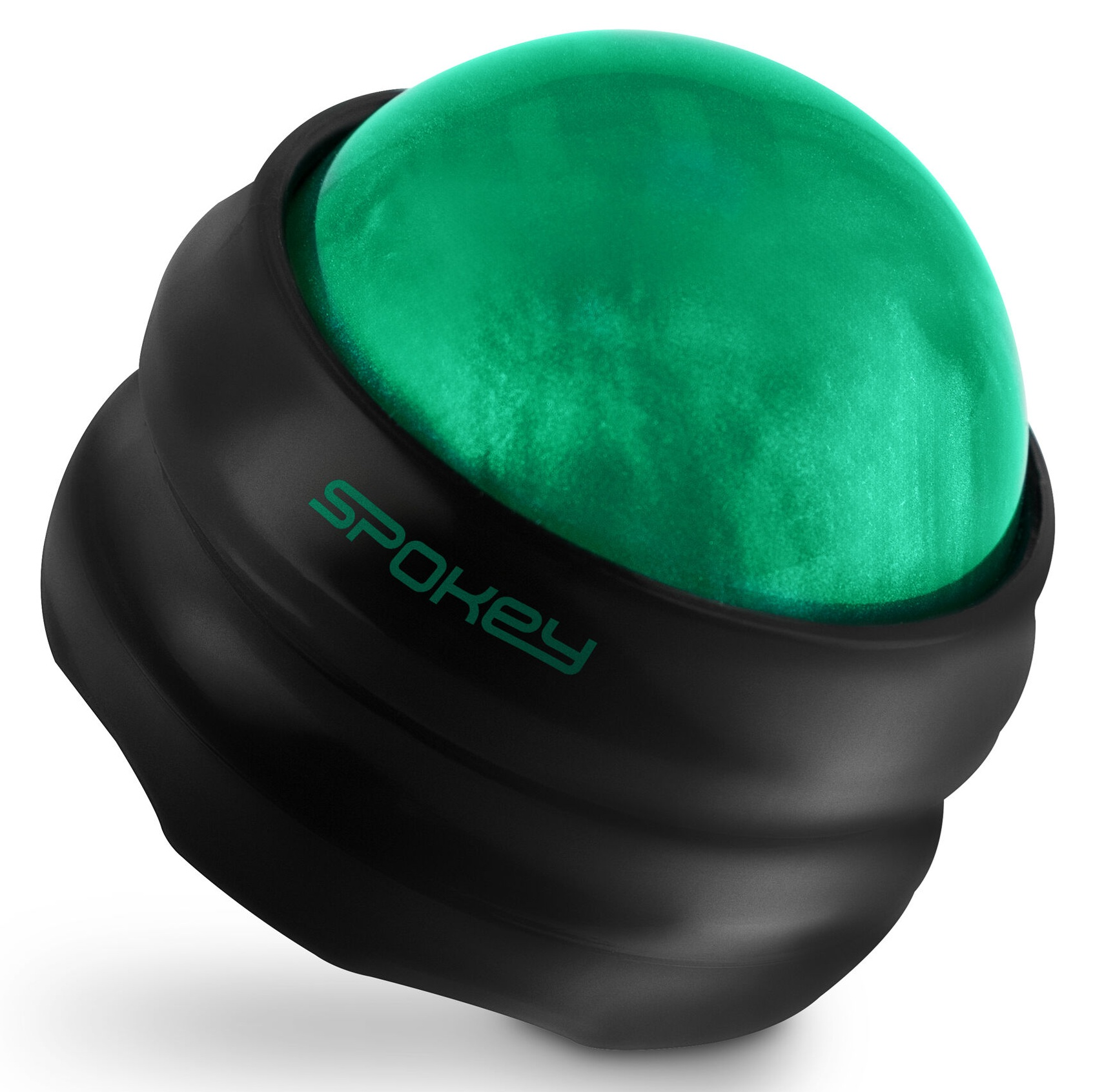 Czarna piłka do masażu Spokey z zielonym środkiem. Logo Spokey jest zielone.