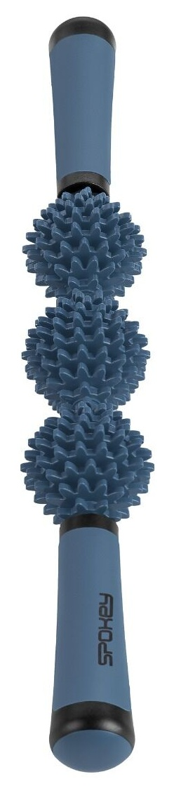 Niebieski wałek do masażu z trzema kolczastymi kulkami, czarnymi akcentami i niebieskimi uchwytami z napisem SPOKEY.