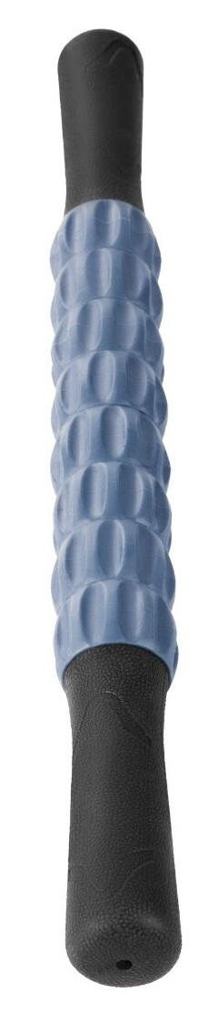 Niebiesko-czarny wałek do masażu. Środek jest niebieski z teksturowanym wzorem. Końce są czarne i gładkie.