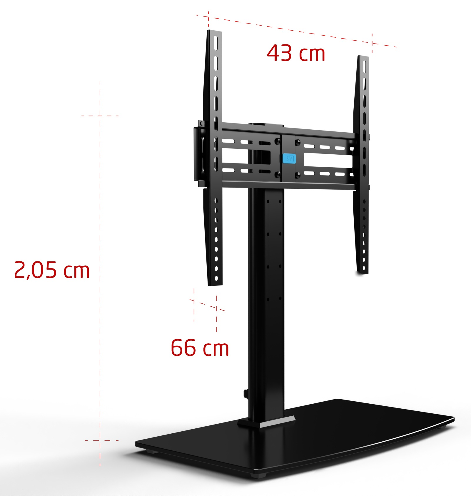 Czarny stojak pod telewizor z wymiarami. Ma podstawę, pionowe podparcie i uchwyt do telewizora.