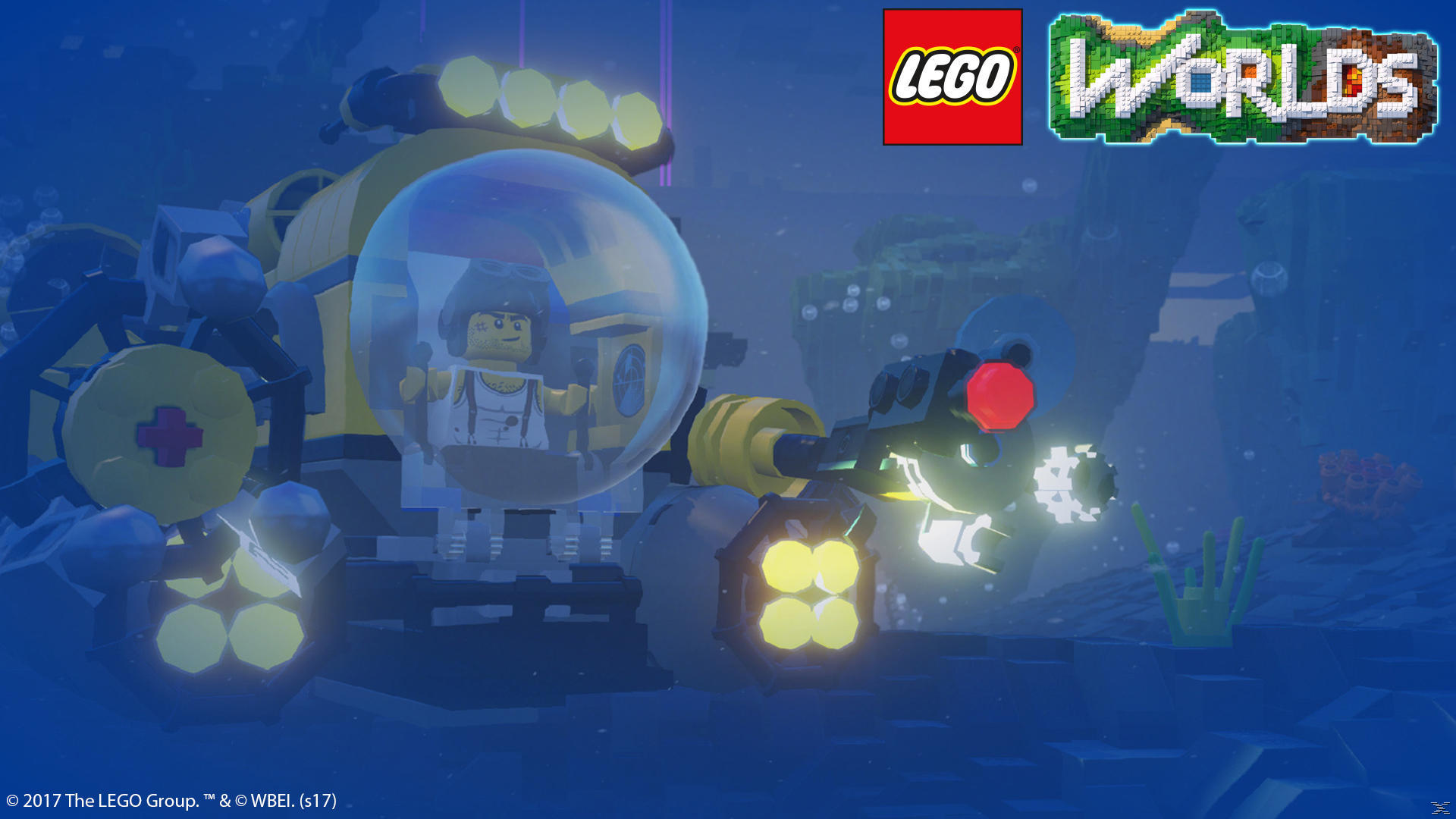 Lego łódź podwodna z minifigurką w środku. Scena jest pod wodą, z logo Lego Worlds na górze.