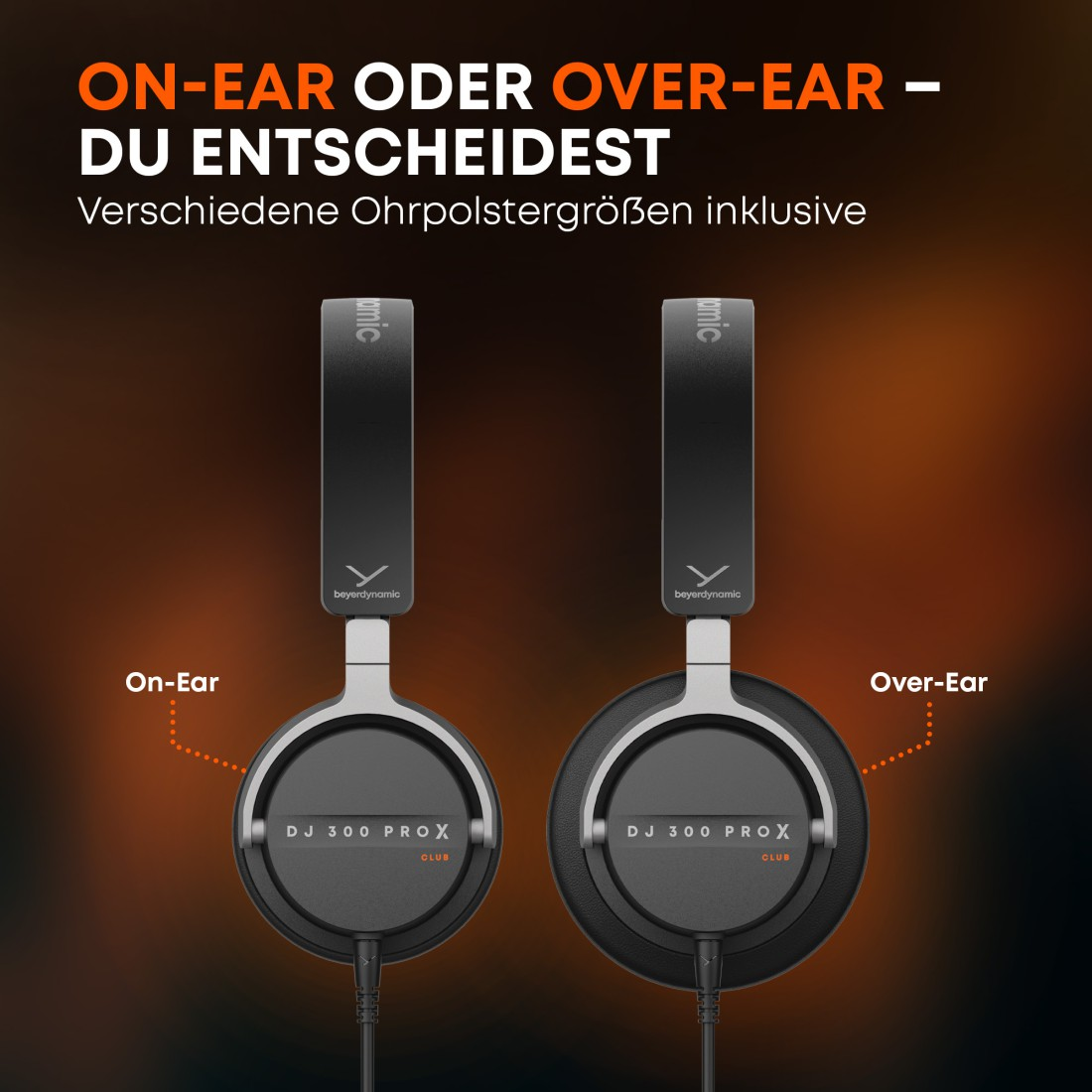 Das Bild zeigt zwei Kopfhörer, On-Ear und Over-Ear, mit Text, der für verschiedene Ohrpolstergrößen wirbt.