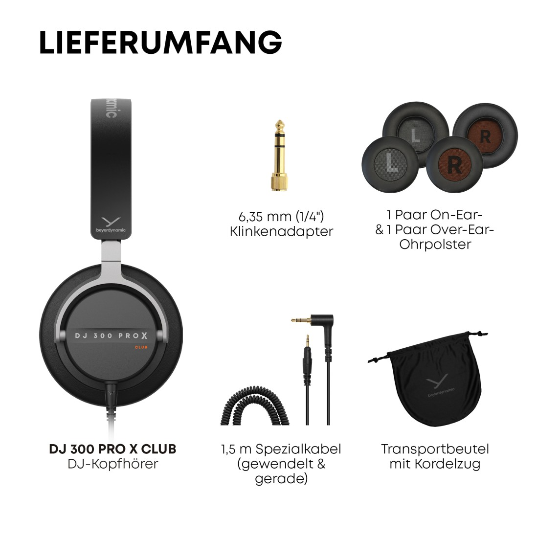 Das Bild zeigt Kopfhörer, Ohrpolster, Adapter, Kabel und eine Tragetasche. Text enthält 'DJ 300 PRO X CLUB', 'beyerdynamic' und 'LIEFERUMFANG'.