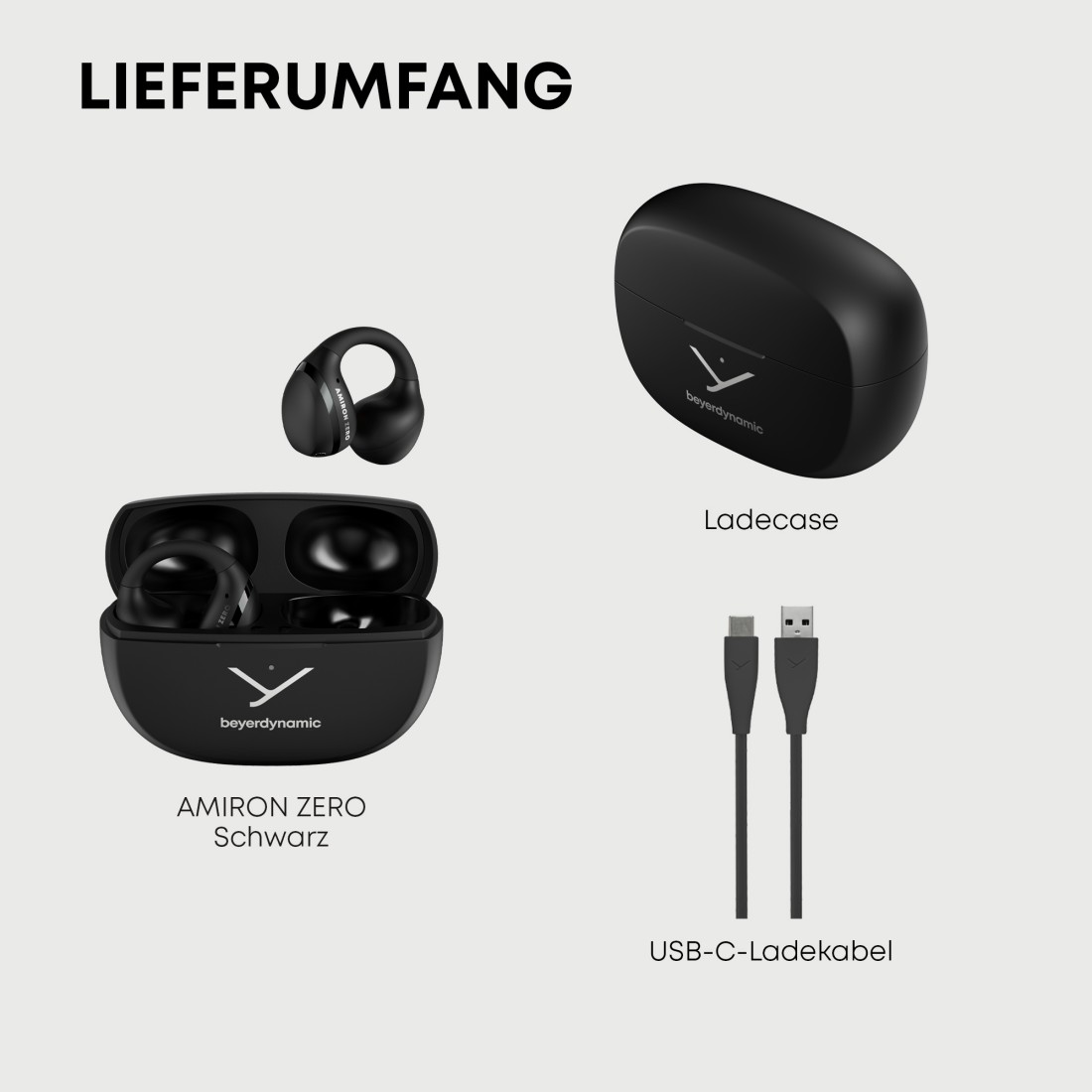 Schwarze Amiron Zero Ohrhörer, Ladecase und USB-C-Kabel auf hellem Hintergrund. Text: Lieferumfang, Ladecase, USB-C-Ladekabel.