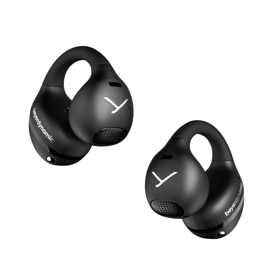 Zwei schwarze kabellose Beyerdynamic-Ohrhörer vor weißem Hintergrund. Jedes hat ein Logo und ein geschwungenes Design.