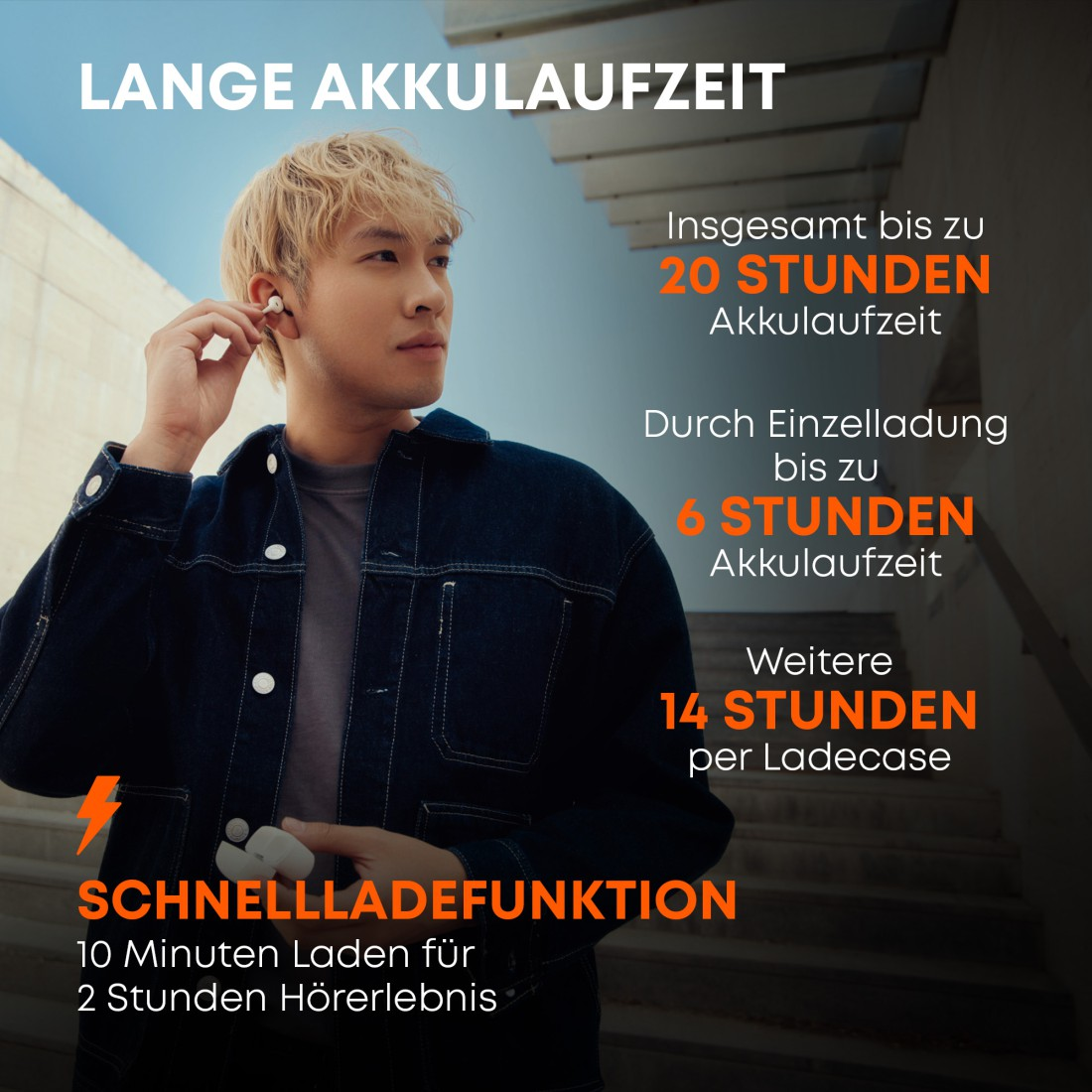 Ein Mann in einer Jeansjacke hält einen Ohrhörer. Text hebt Akkulaufzeit und Schnellladefunktionen der Ohrhörer hervor.
