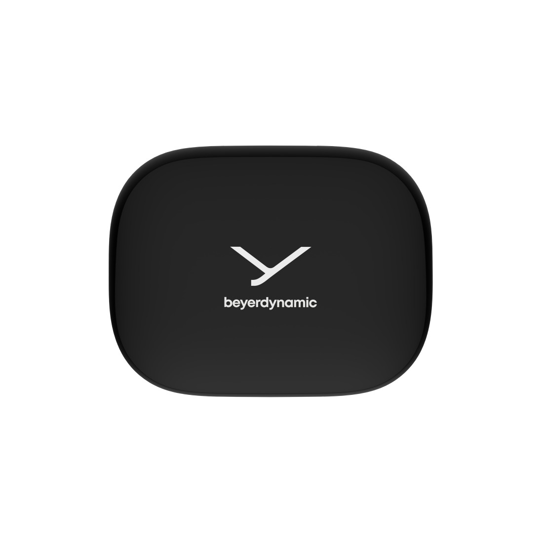 Ein schwarzes, abgerundetes quadratisches Objekt mit dem weißen Beyerdynamic-Logo und -Text auf weißem Hintergrund.