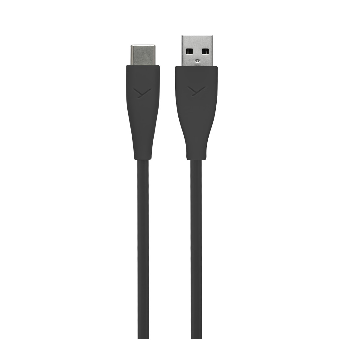 Ein schwarzes USB-C-auf-USB-A-Kabel. Das USB-C-Ende ist links, USB-A rechts. Beide Enden sind grau und schwarz.