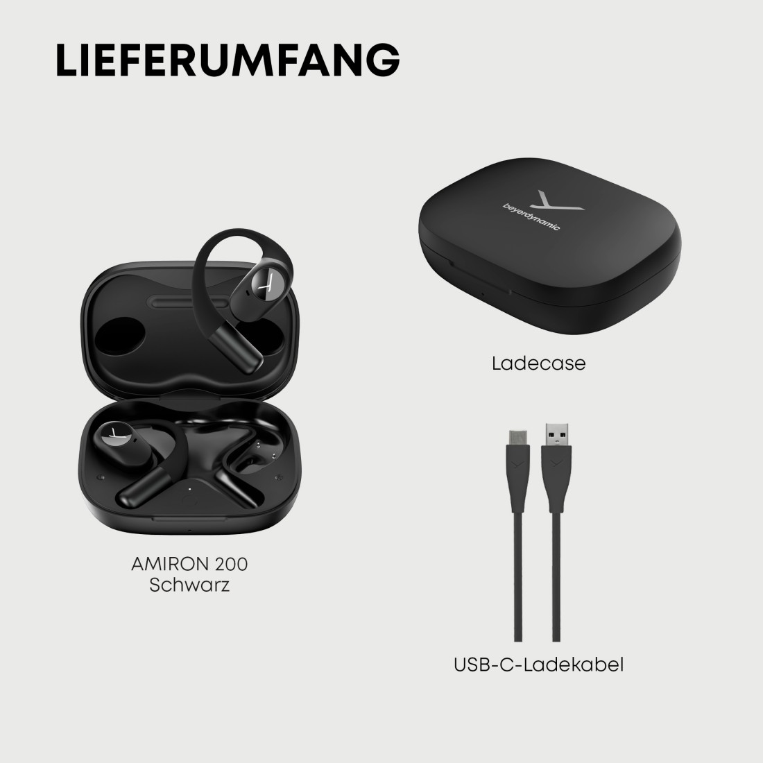 Das Bild zeigt schwarze Ohrhörer, ein Ladecase und ein USB-C-Kabel. Textbeschriftungen: Lieferumfang, AMIRON 200 Schwarz, Ladecase, USB-C-Ladekabel.