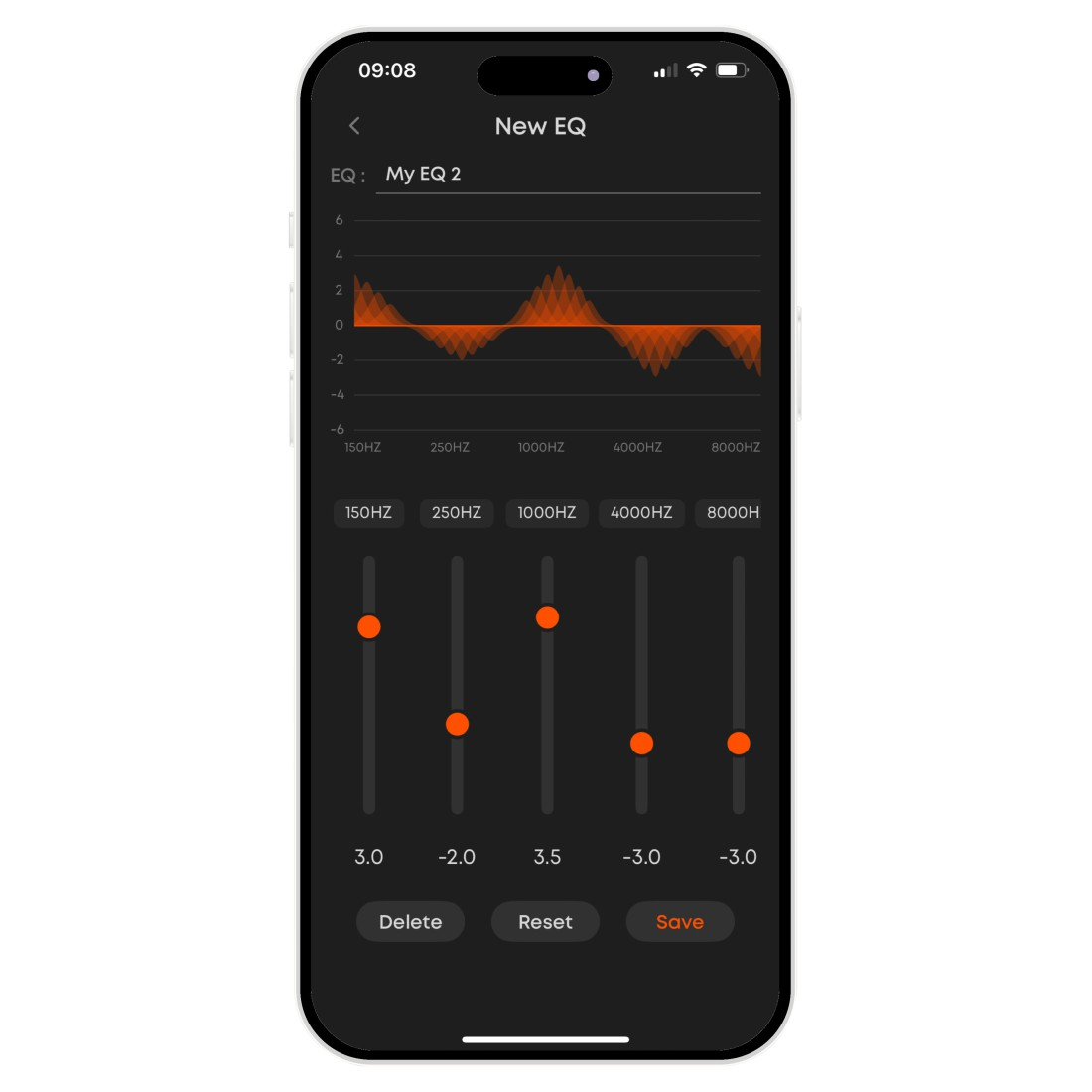 Smartphone-Bildschirm mit Audio-Equalizer-Oberfläche, orangefarbenen Schiebereglern, Diagramm und Steuertasten wie 'Löschen' und 'Speichern'.