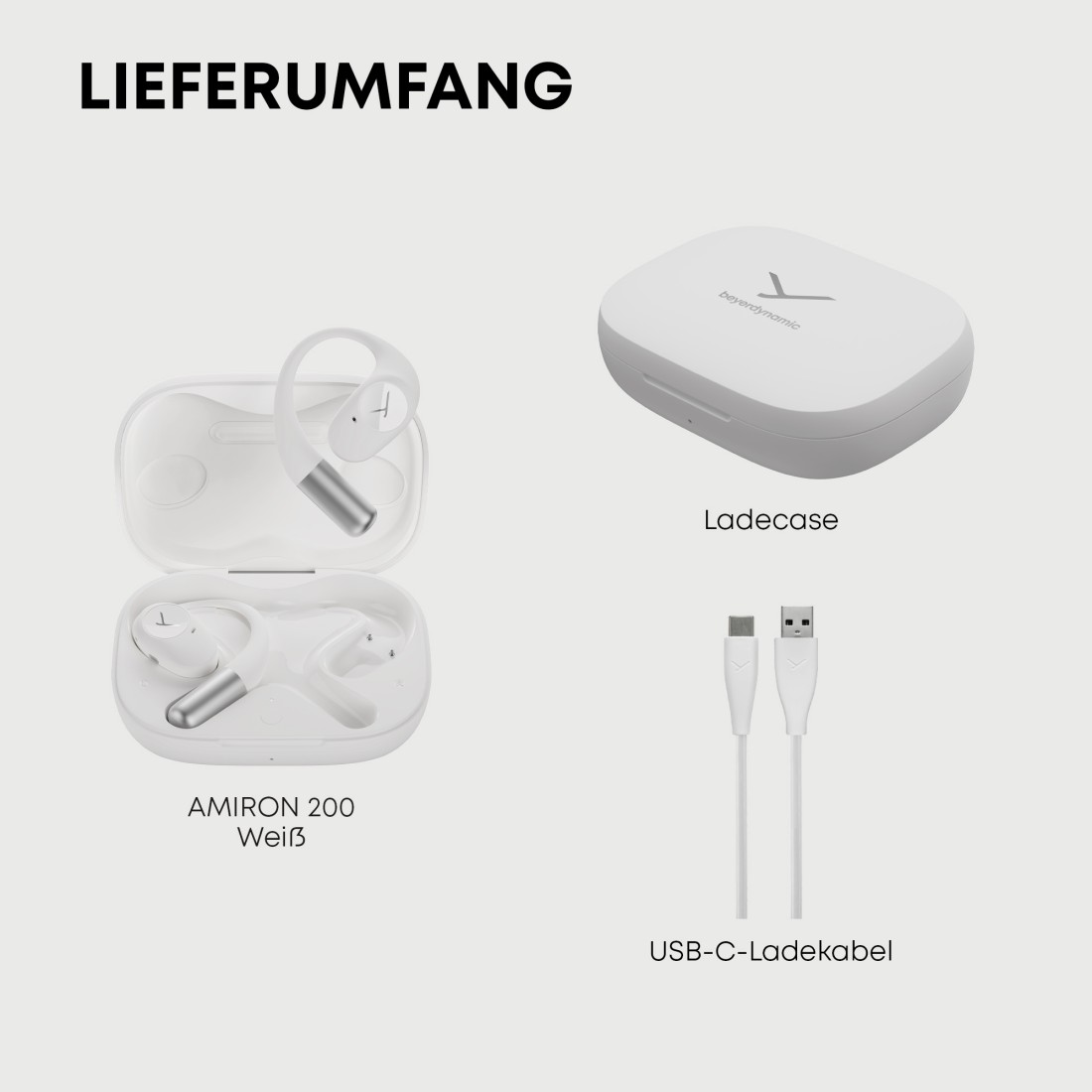 Weiße Ohrhörer, Ladecase und USB-C-Kabel. Text: Lieferumfang, Amiron 200 Weiß, Ladecase, USB-C-Ladekabel, Beyerdynamic Logo.