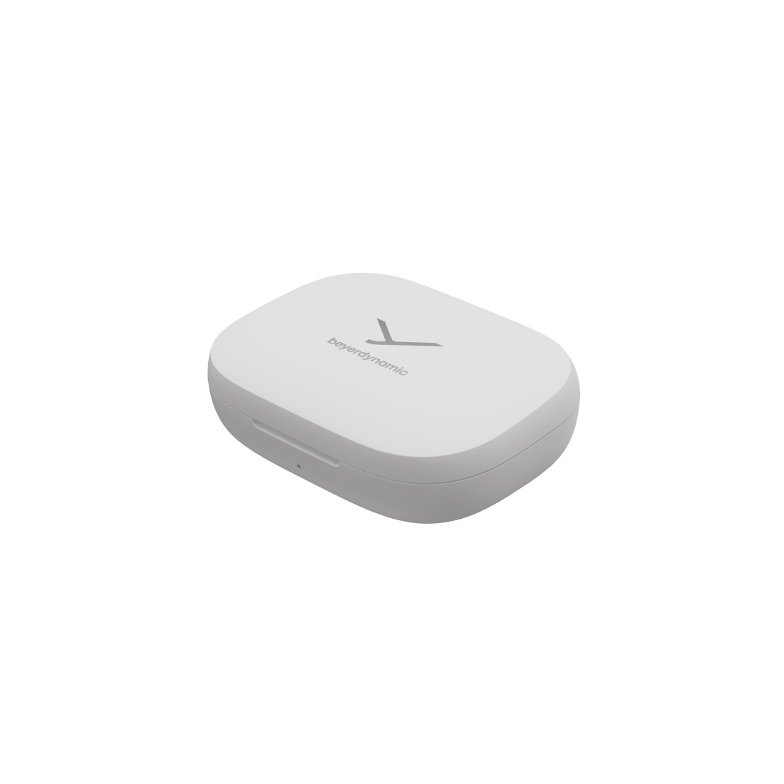 Ein weißes, abgerundetes rechteckiges Gehäuse mit dem beyerdynamic-Logo. Es hat eine kleine Vertiefung an der Seite.
