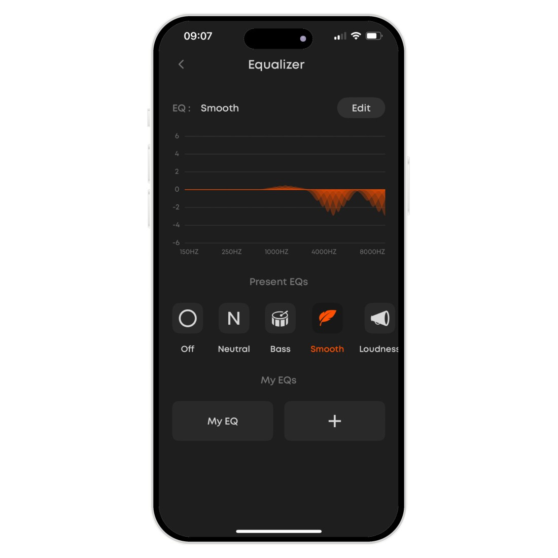 Smartphone-Bildschirm mit Equalizer-Oberfläche. Es zeigt Frequenzanpassungen, Voreinstellungen wie 'Smooth' und Optionen zum Bearbeiten.