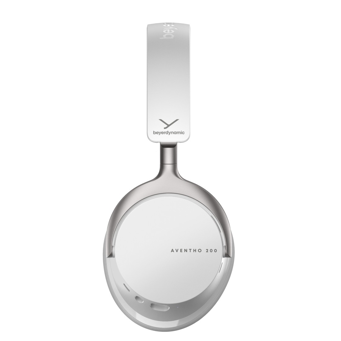 Weiße Beyerdynamic Aventho 200 Kopfhörer. Silberne Akzente, Logo oben am Bügel und an den Ohrmuscheln. Isoliert auf weißem Hintergrund.