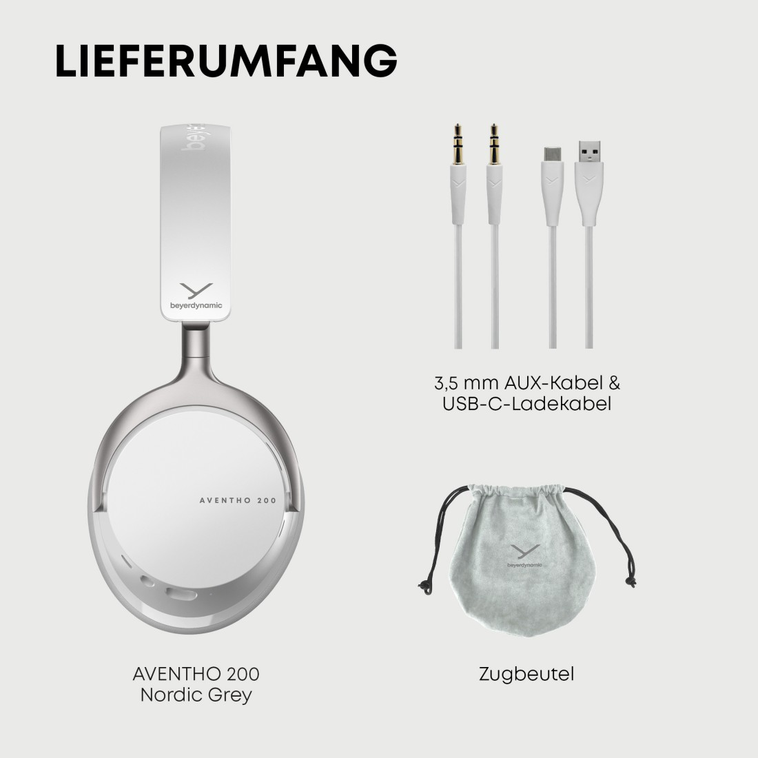 Kopfhörer, Kabel und ein Beutel auf hellem Hintergrund. Text enthält 'AVENTHO 200', 'Nordic Grey' und 'Zugbeutel'.