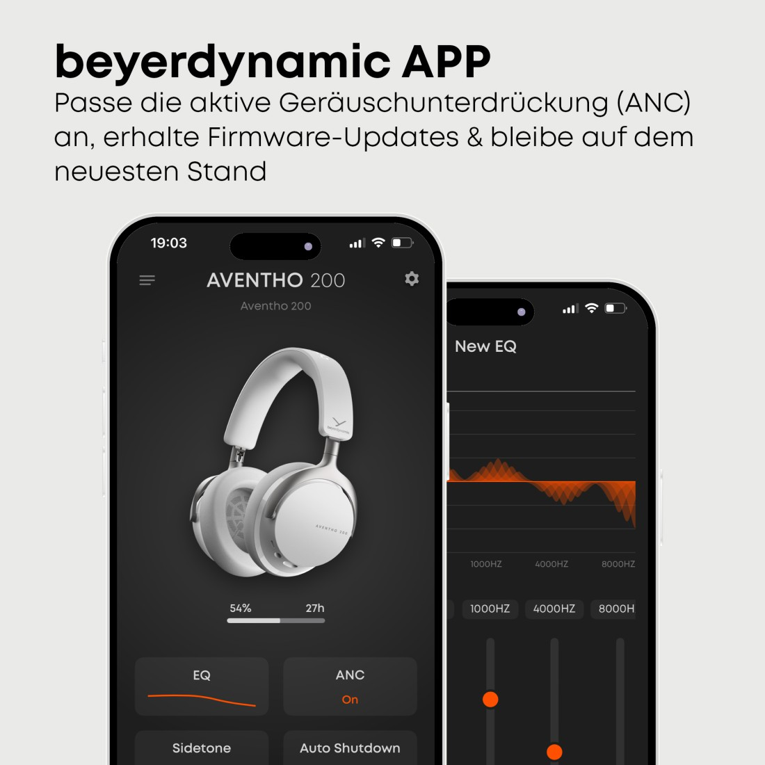 Zwei Smartphones zeigen App-Oberflächen. Eines zeigt Kopfhörer, das andere einen EQ. Der Text lautet 'beyerdynamic APP'.