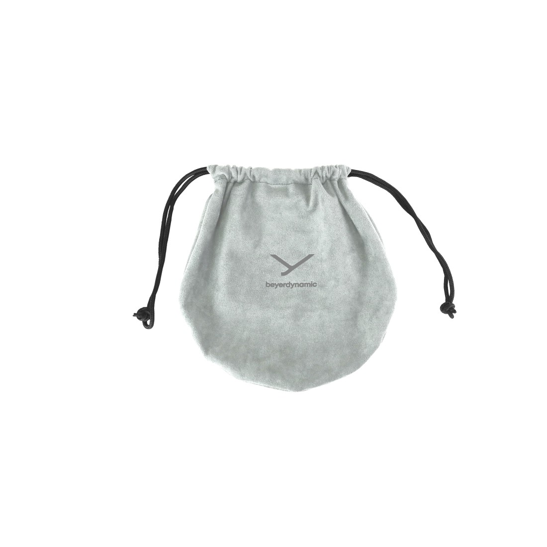 Ein grauer Beutel mit schwarzen Kordeln. Es hat das Beyerdynamic-Logo.