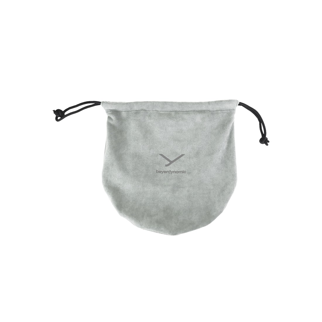 Ein grauer Beutel mit schwarzem Kordelzug. Der Beutel hat das Beyerdynamic-Logo. Der Hintergrund ist weiß.