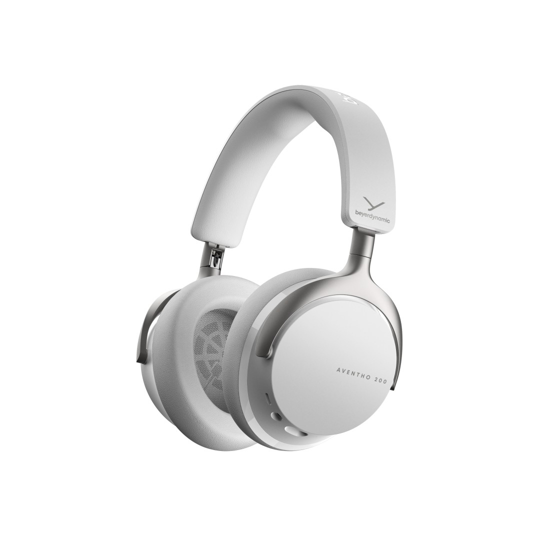 Ein weißer Beyerdynamic Aventho 200 Over-Ear-Kopfhörer mit silbernen Akzenten.