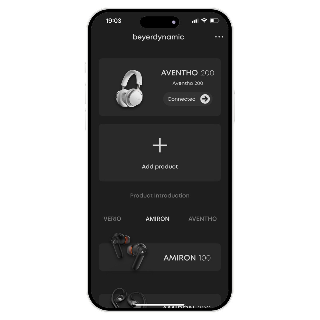 Ein Smartphone-Bildschirm zeigt eine beyerdynamic-App. Es werden verbundene Kopfhörer, eine Schaltfläche zum Hinzufügen von Produkten und Produktoptionen wie AMIRON angezeigt.