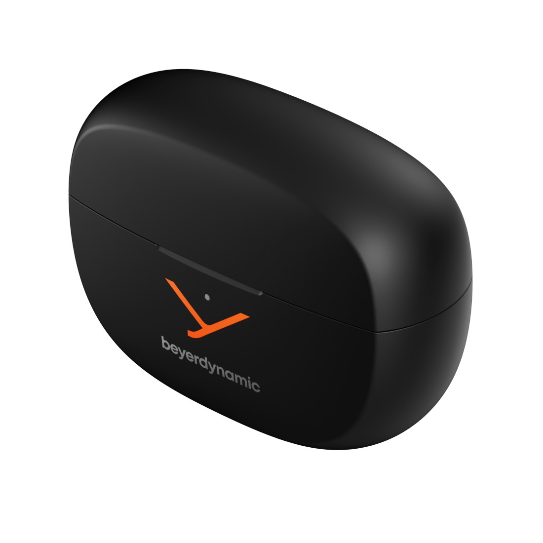 Schwarzes, ovales Ohrhörer-Etui mit orangefarbenem Logo und Schriftzug 'beyerdynamic'. Weißer Hintergrund. Draufsicht, leicht angewinkelt.