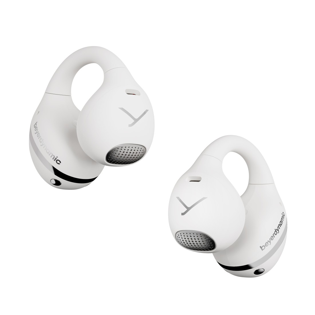 Zwei weiße kabellose Beyerdynamic-Ohrhörer mit geschwungenem Design, grauen Akzenten und Markenlogo.