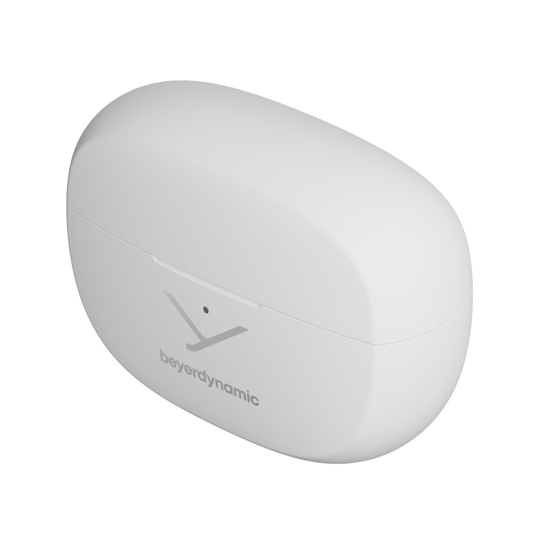 Ein weißes, oval geformtes Ladecase für Ohrhörer. Es hat ein Logo und das Wort 'beyerdynamic' auf der Vorderseite.