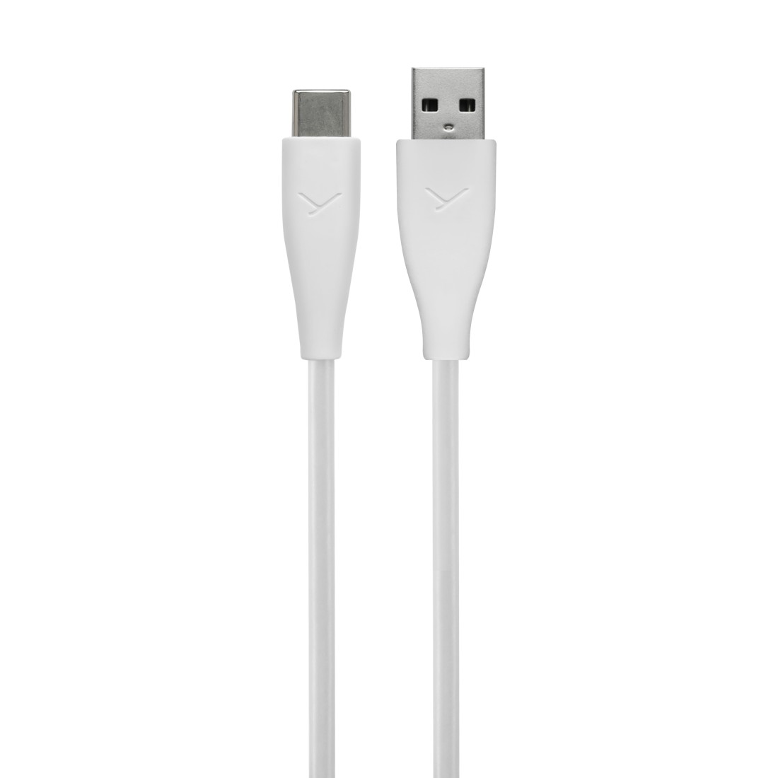 Ein weißes USB-C-auf-USB-A-Kabel. Das USB-C-Ende ist links, das USB-A-Ende rechts. Beide Enden haben ein Logo.