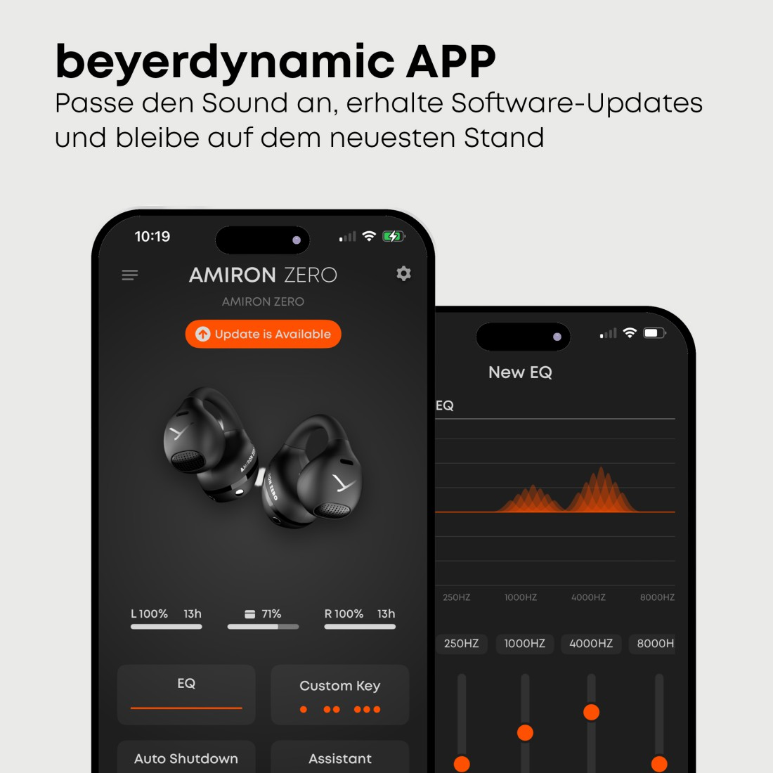 Zwei Smartphones mit der beyerdynamic-App. Eines zeigt Kopfhörer, das andere eine EQ-Oberfläche mit orangefarbenen Linien und Knöpfen.