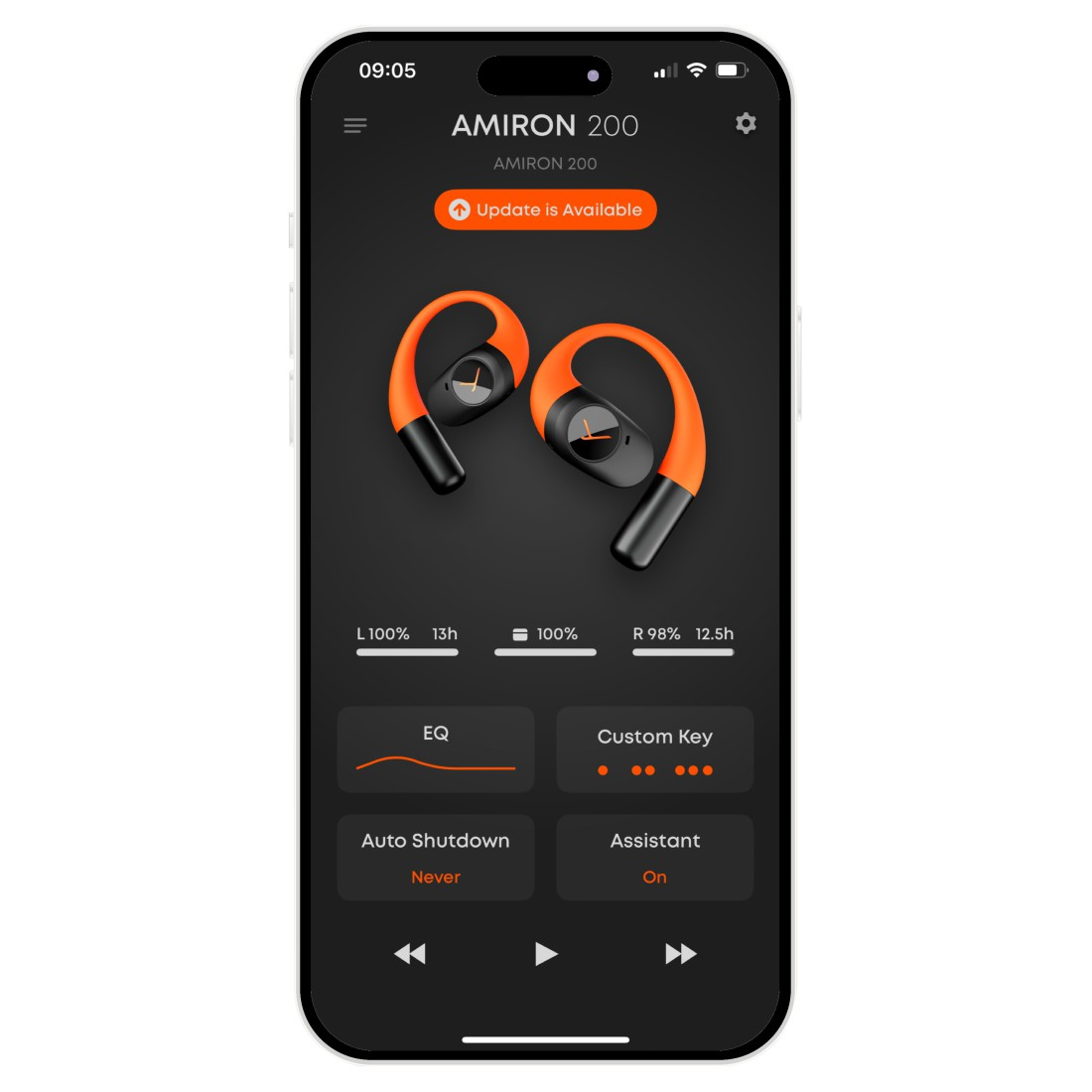 Smartphone-Bildschirm mit AMIRON 200 Kopfhörern. Orange und schwarze Kopfhörer werden angezeigt. Update-Benachrichtigung vorhanden.