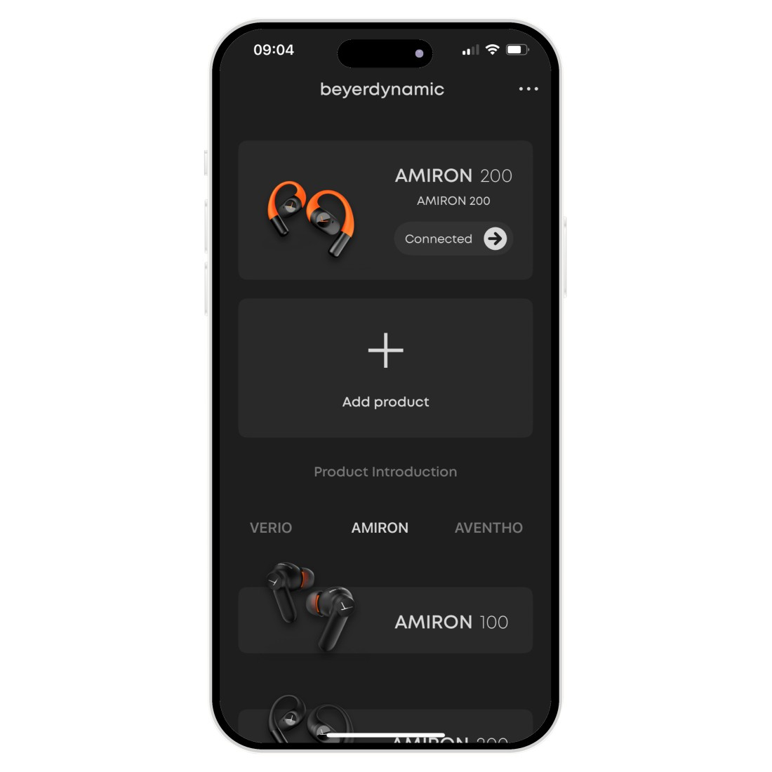 Smartphone-Bildschirm mit Beyerdynamic-App. Zeigt Amiron 200 Kopfhörer verbunden, und Optionen zum Hinzufügen von Produkten. Schwarzes Thema.