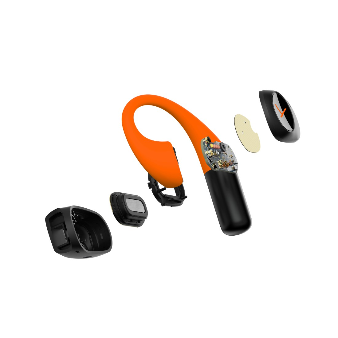 Explosionsansicht von orangefarbenen und schwarzen Headset-Komponenten. Enthält Ohrbügel, Lautsprecher, Platine und andere Teile auf Weiß.
