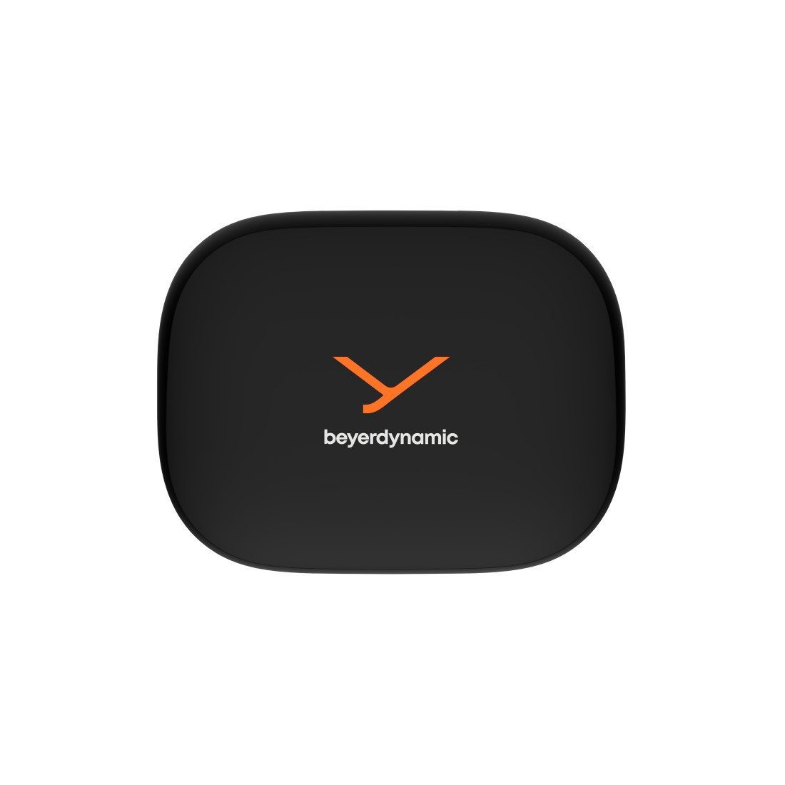 Ein schwarzes, abgerundetes Quadrat mit einem orangefarbenen Logo und dem Wort 'beyerdynamic' in Weiß. Der Hintergrund ist weiß.