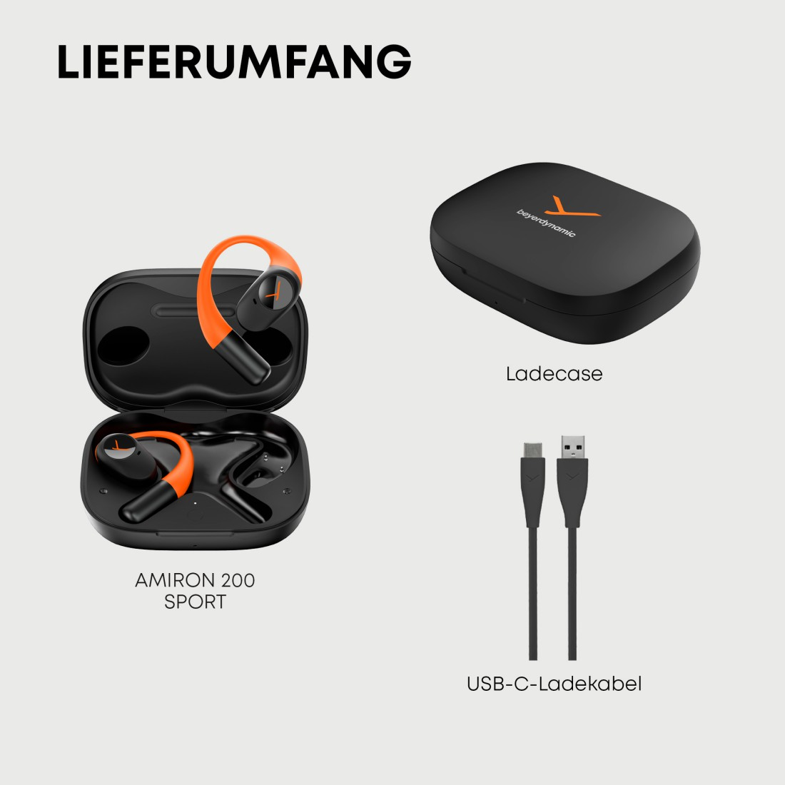 Das Bild zeigt schwarze und orangefarbene Ohrhörer, ein Ladecase und ein USB-C-Ladekabel. Der Text "LIEFERUMFANG" steht oben.