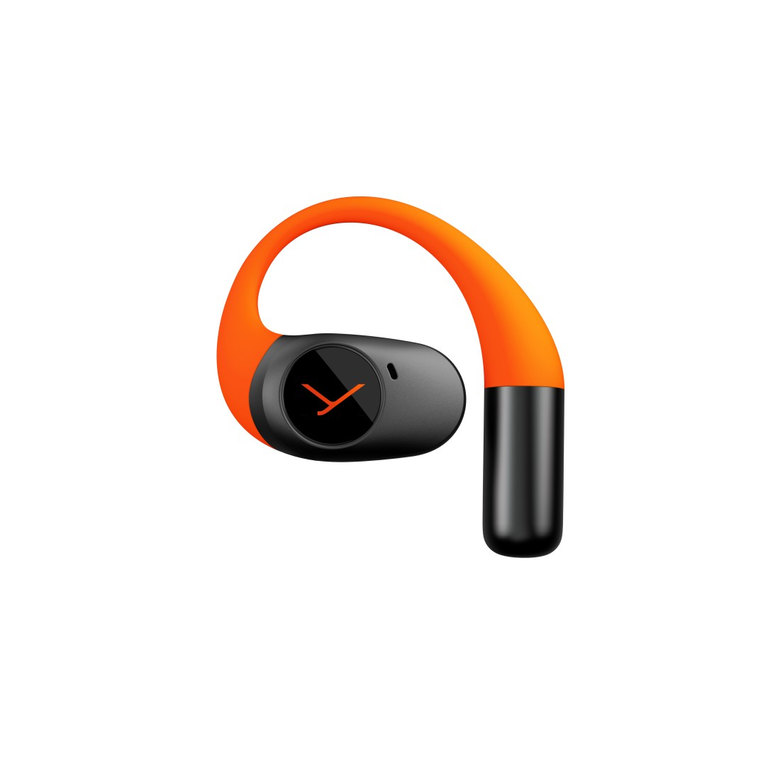 Ein orangefarbener und schwarzer Kopfhörer. Der Kopfhörer hat einen schwarzen Körper und einen orangefarbenen Haken. Der Kopfhörer hat ein uhrähnliches Design.