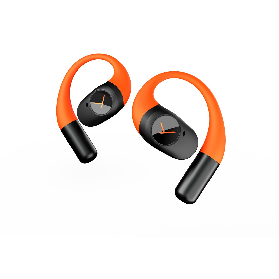 Zwei orangefarbene und schwarze kabellose Ohrhörer auf weißem Hintergrund. Jedes hat ein kreisförmiges Design und einen Ohrbügel.