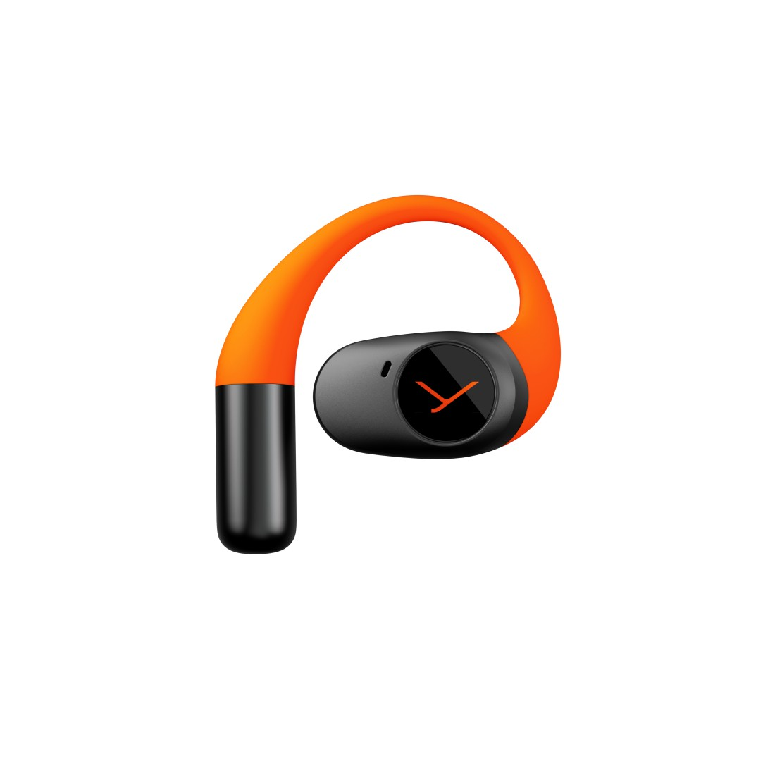 Ein orangefarbener und schwarzer Kopfhörer. Er hat ein gebogenes orangefarbenes Band und einen schwarzen Lautsprecher mit einem orangefarbenen Logo.